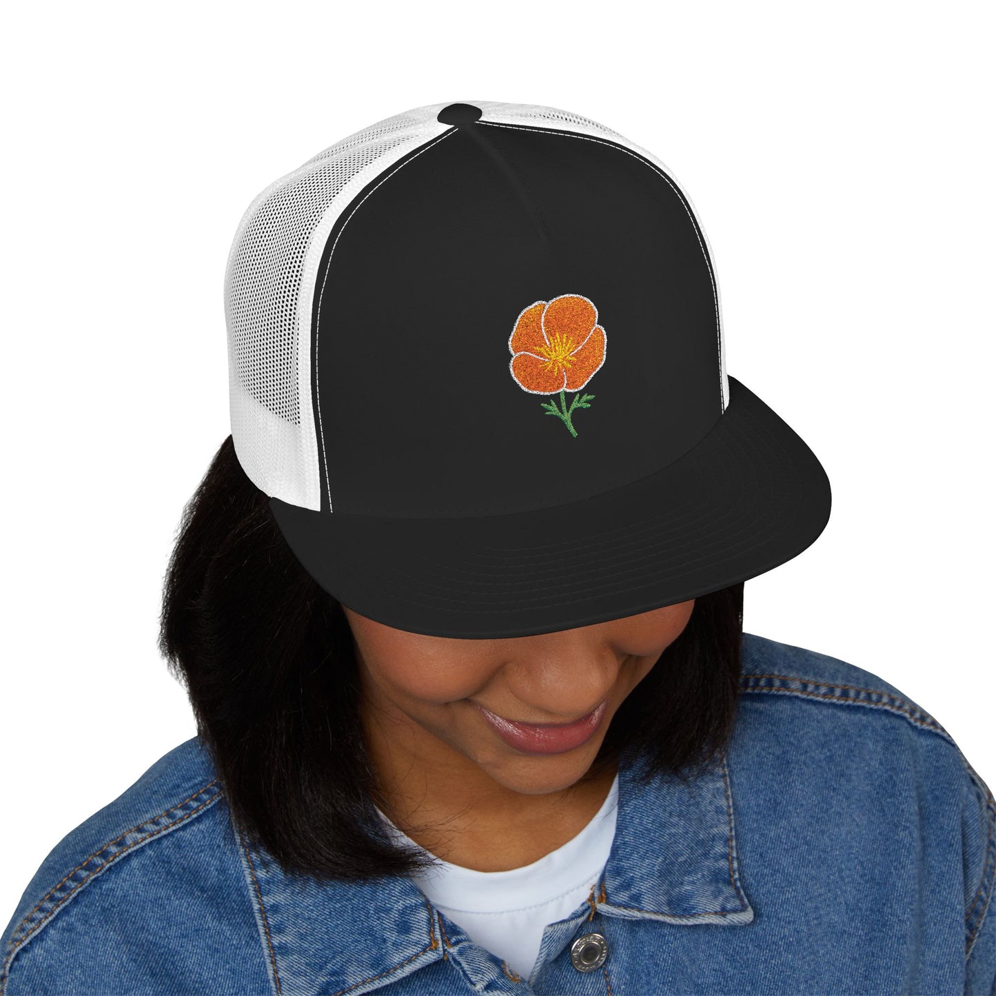 Embroidered California Poppy Snapback Trucker Hat