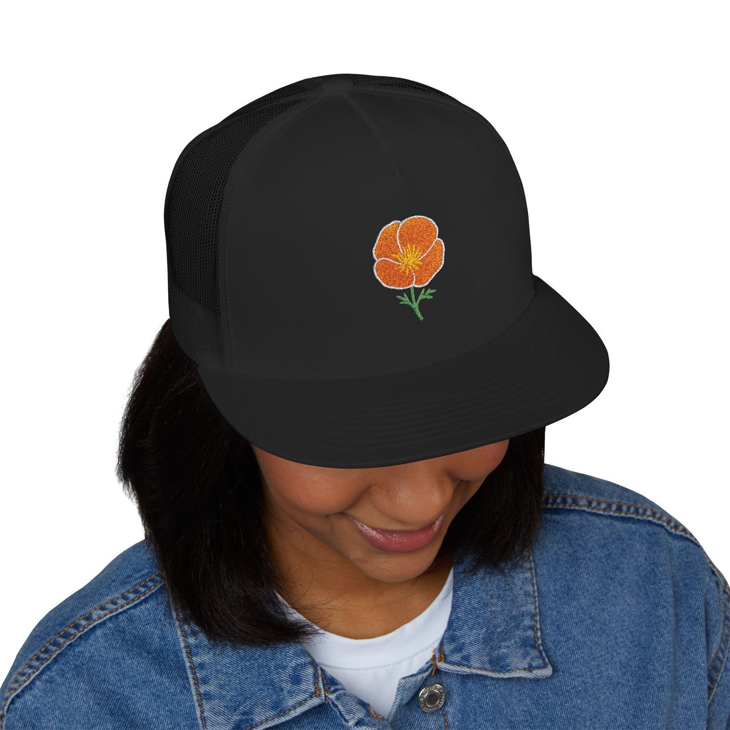 Embroidered California Poppy Snapback Trucker Hat