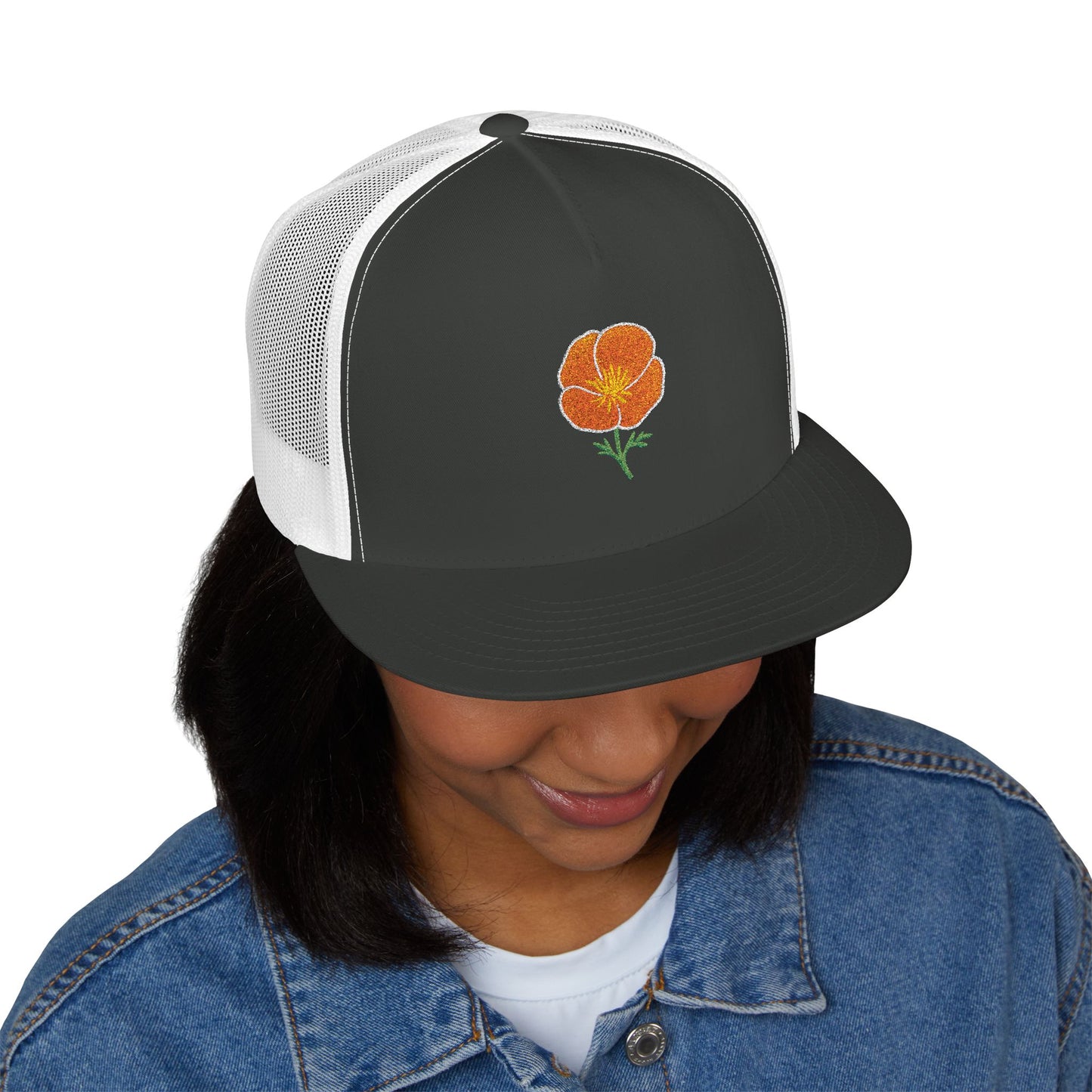 Embroidered California Poppy Snapback Trucker Hat