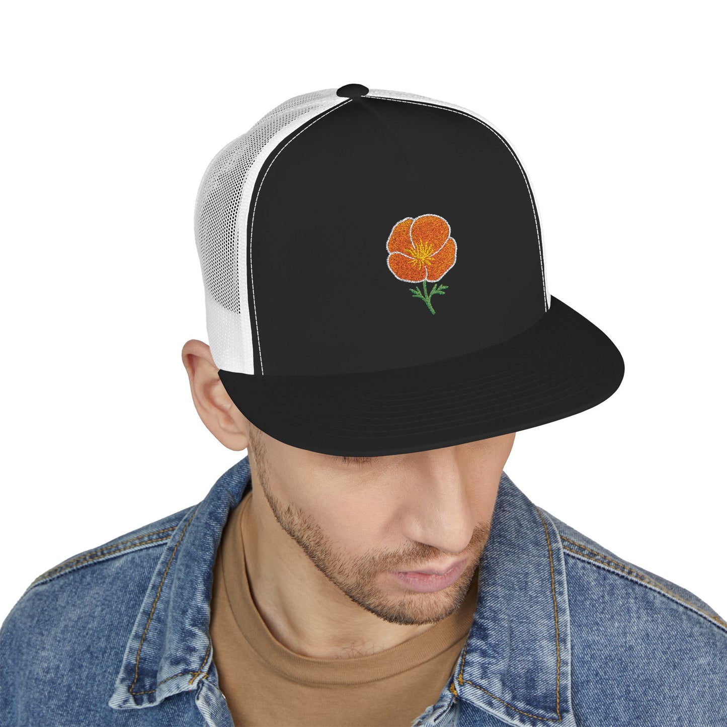 Embroidered California Poppy Snapback Trucker Hat